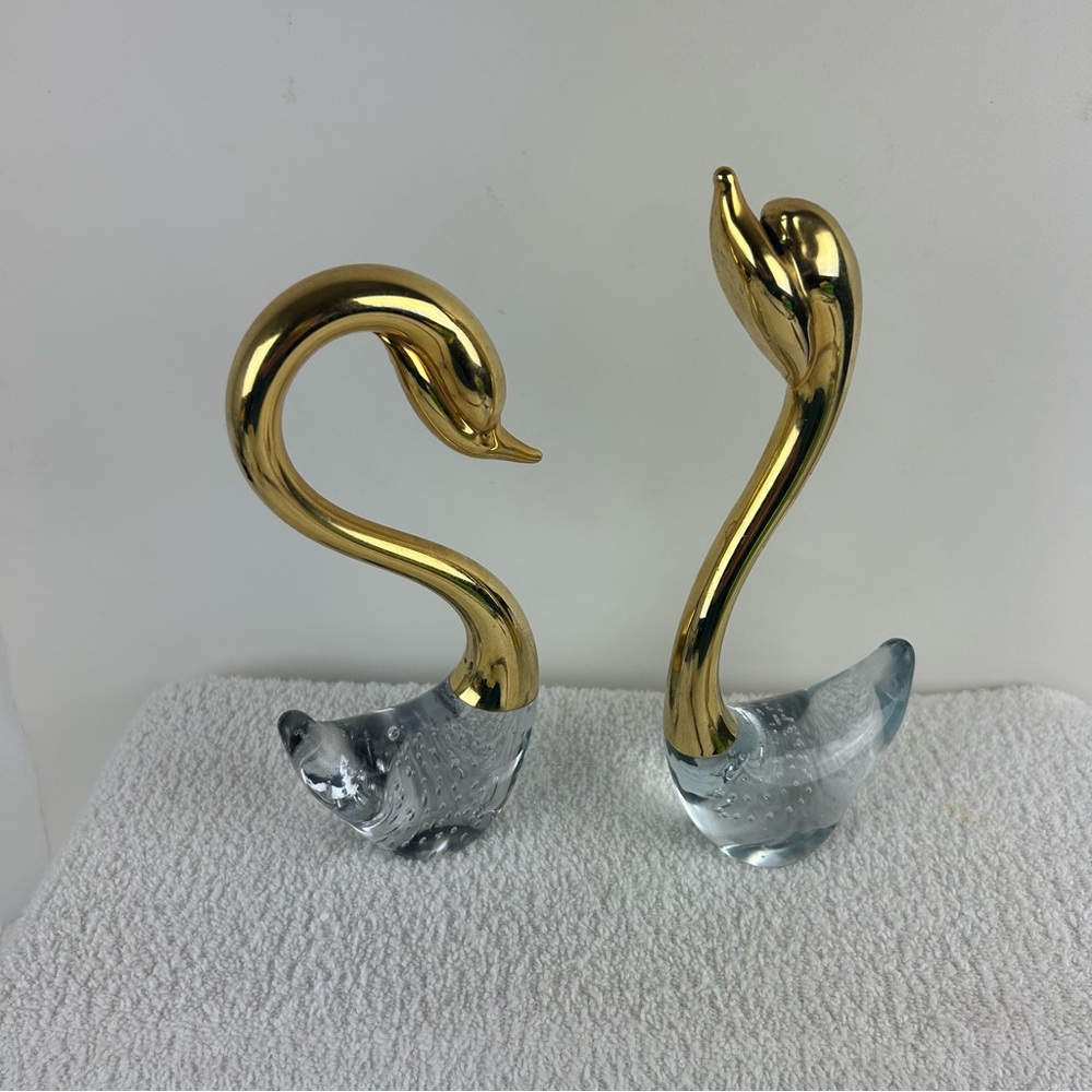 VTG Murano Brass & Bubble Art Glass Swans